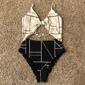 Gossip One Piece Cut Out Tie Swimsuit Black White